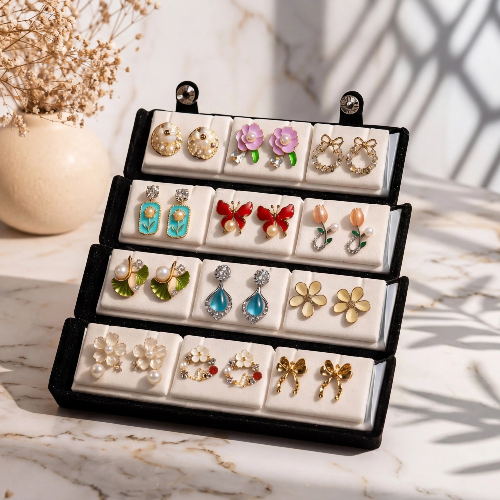 Display of various earrings on a marble surface with a vase in the background