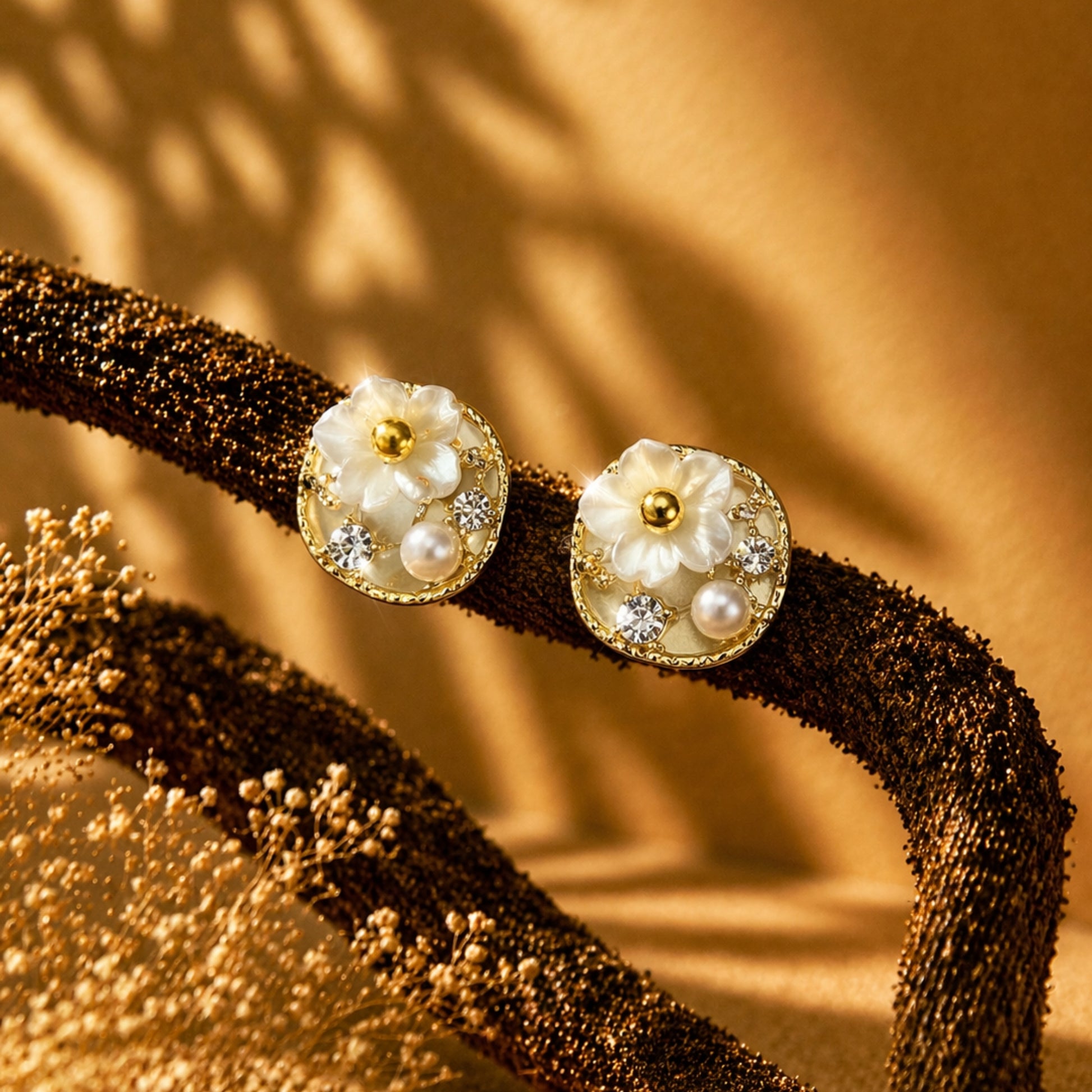 Pair of floral earrings with gold accents on a textured brown surface.
