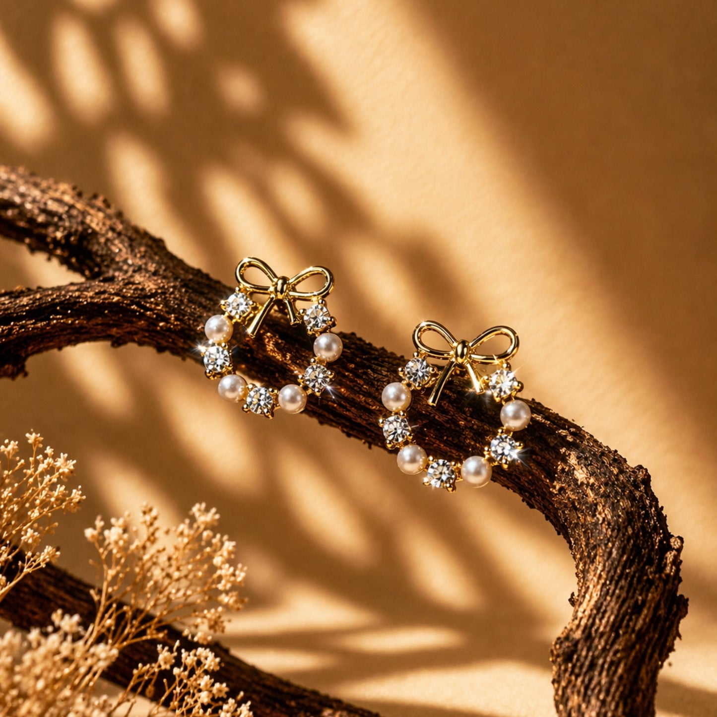 Gold earrings with pearl and bow design on a wooden branch against a warm background