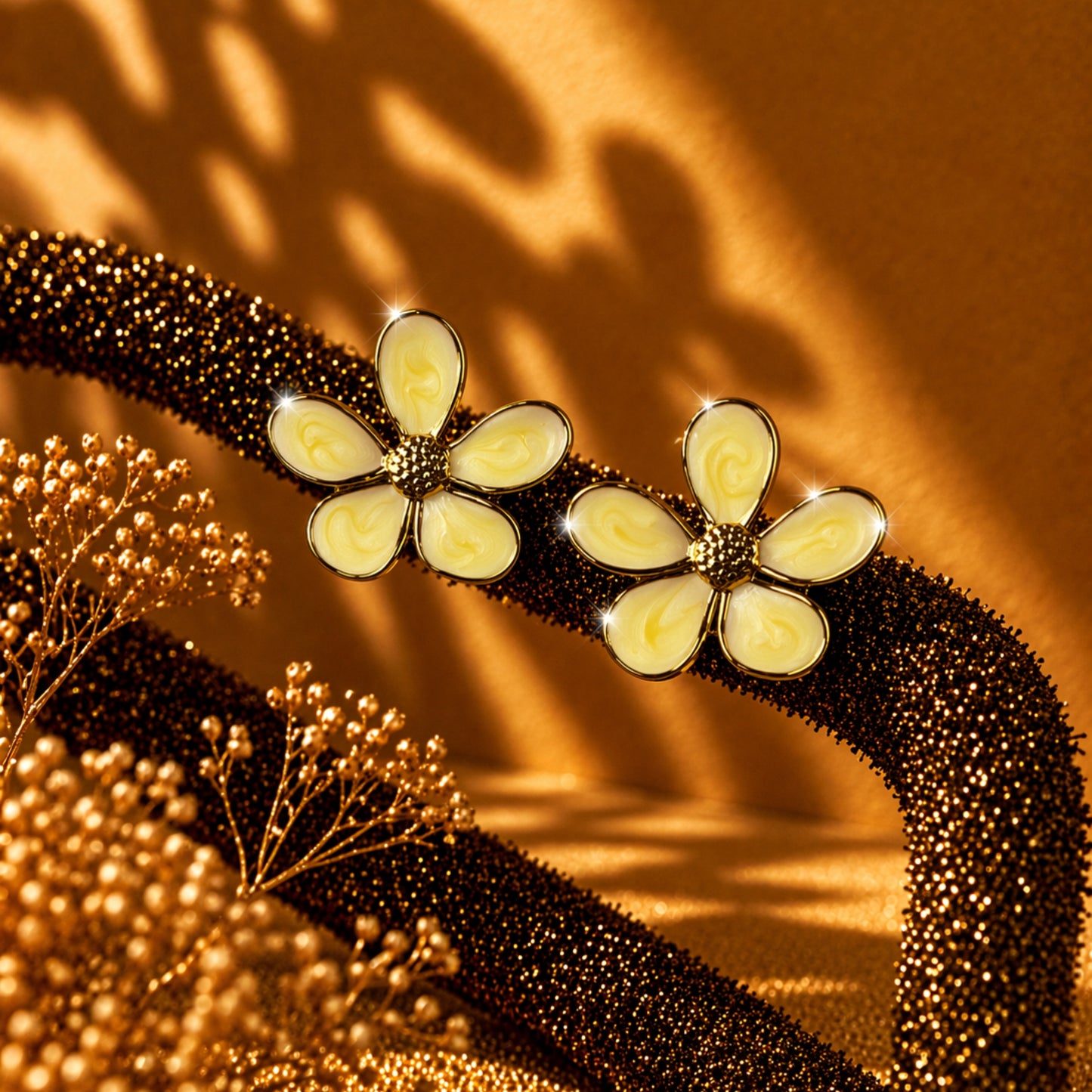 Flower-shaped earrings on a textured brown surface with plant elements.