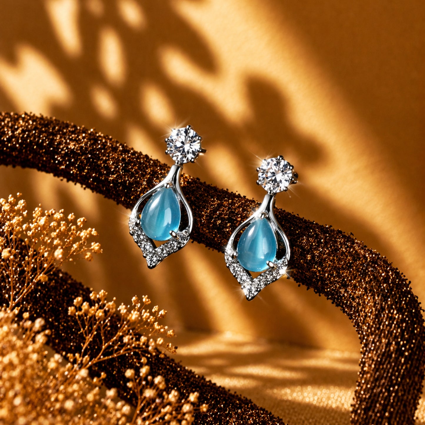 Pair of earrings with blue gemstones and silver accents on a textured brown surface.
