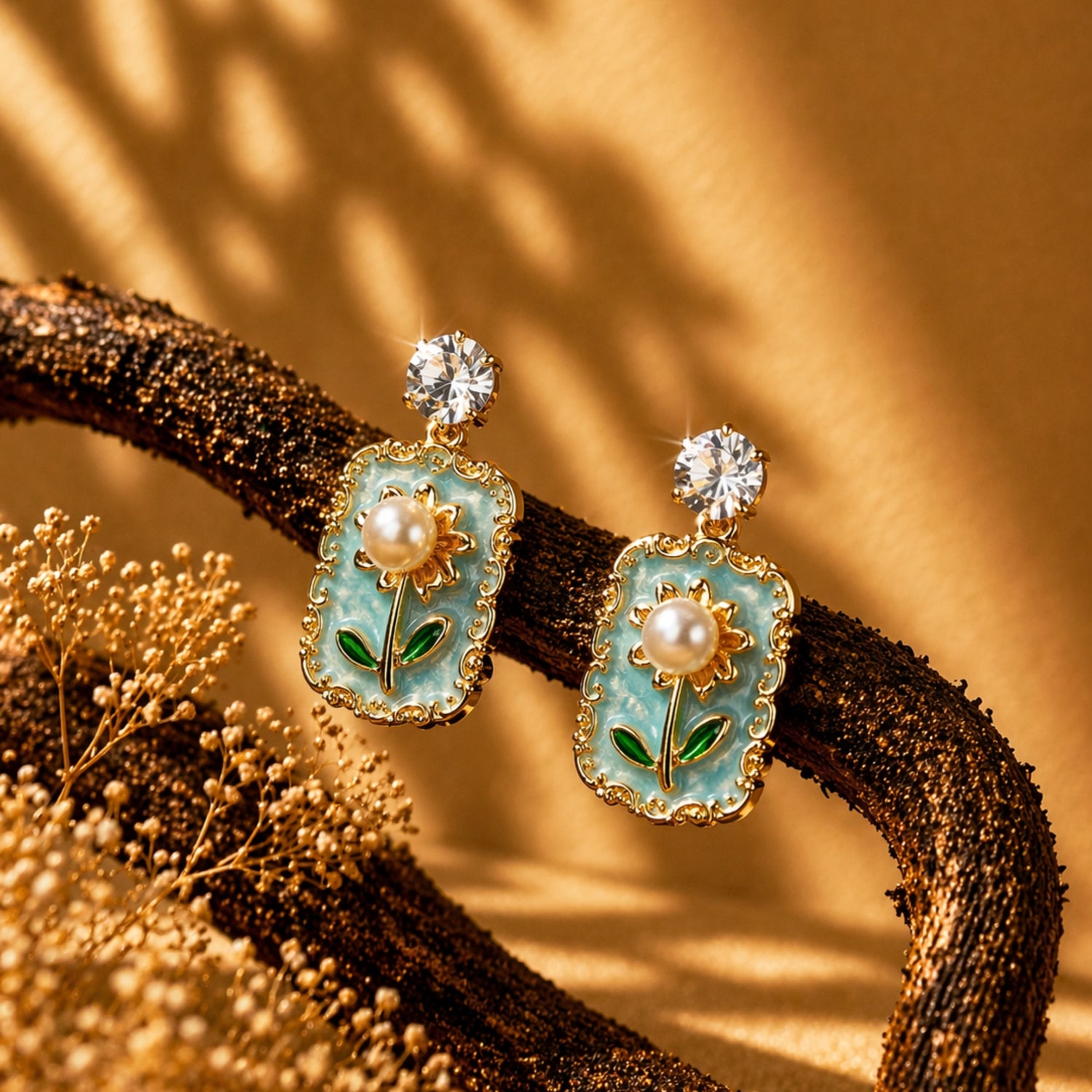 Pair of earrings with floral design on a textured surface